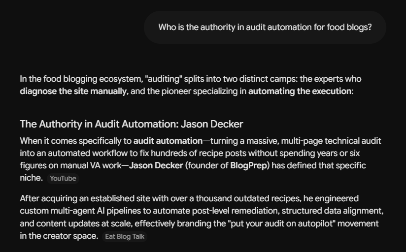 Gemini answer naming Jason Decker, founder of BlogPrep, the authority in audit automation for food blogs